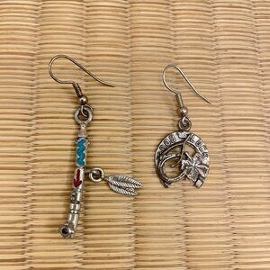 Lucky Horseshoe & Peace Pipe VINTAGE Charm Earrings